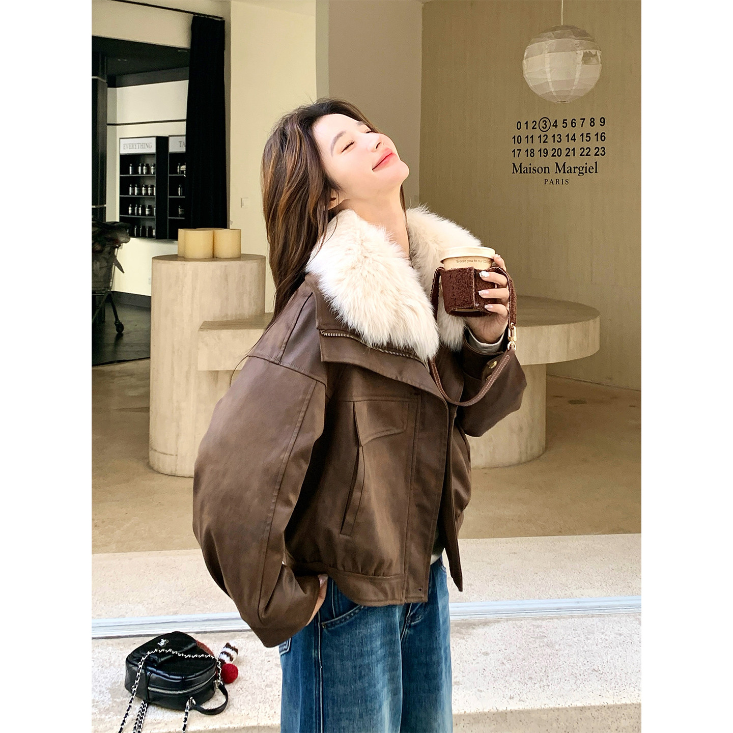 美拉德大毛领机车白鸭绒羽绒皮衣夹克派克服女冬新款小个子短外套