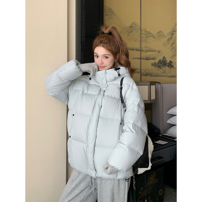 浅蓝色韩系松弛感减龄泡芙羽绒服女2025冬季新款保暖连帽加厚外套