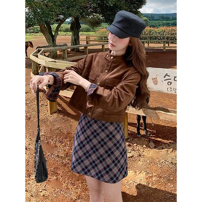 2025秋棕色短款立领麂皮绒外套女