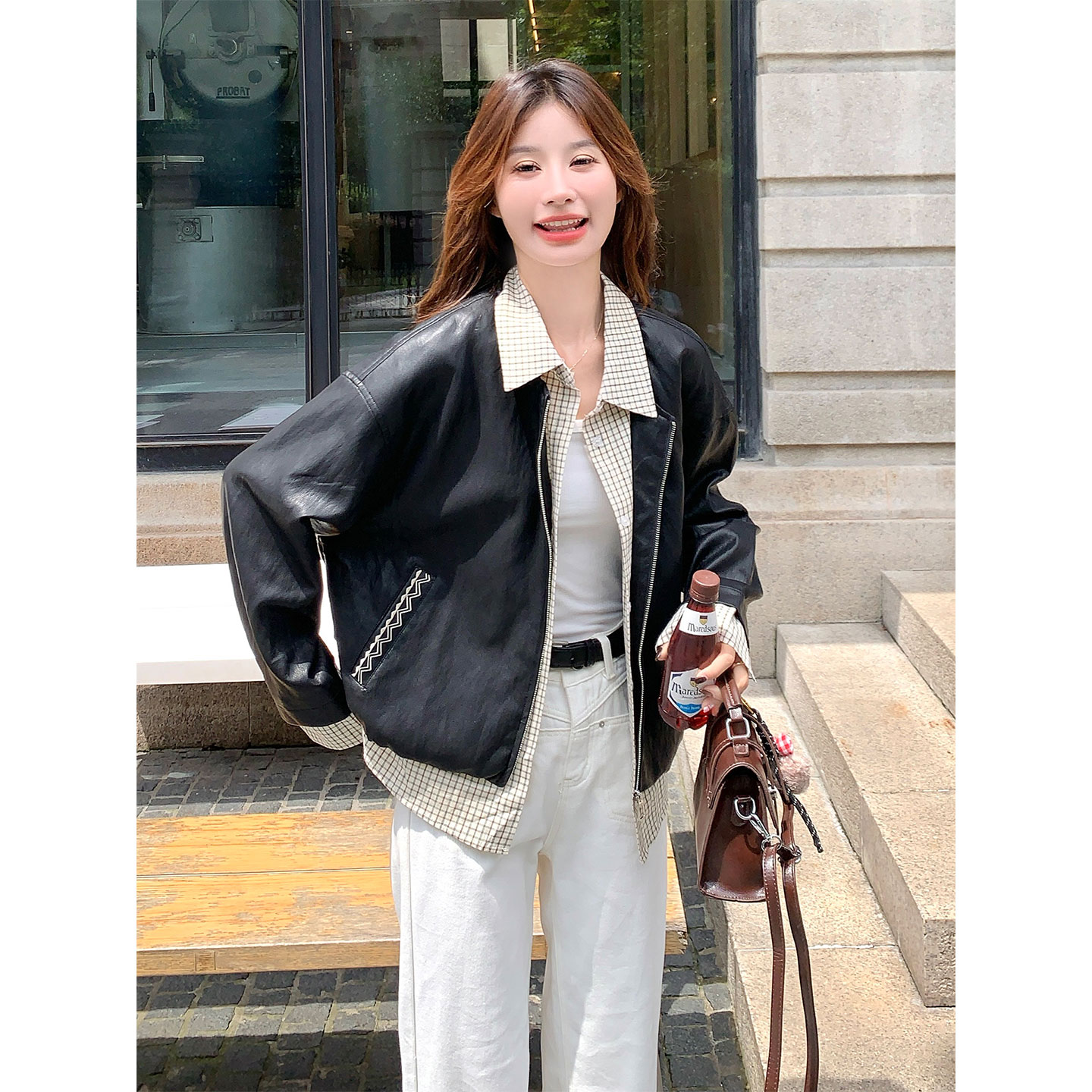 减龄条纹衬衫假两件皮衣短外套女春秋2025新款小个子休闲PU夹克