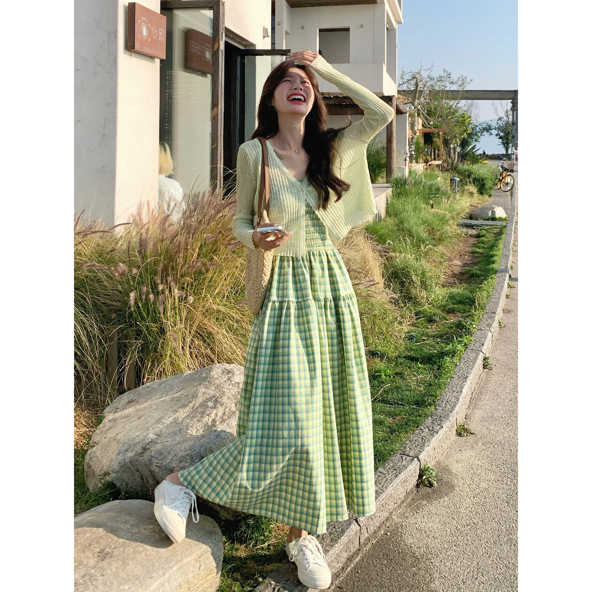 薄荷绿色开衫吊带连衣裙套装女夏图片