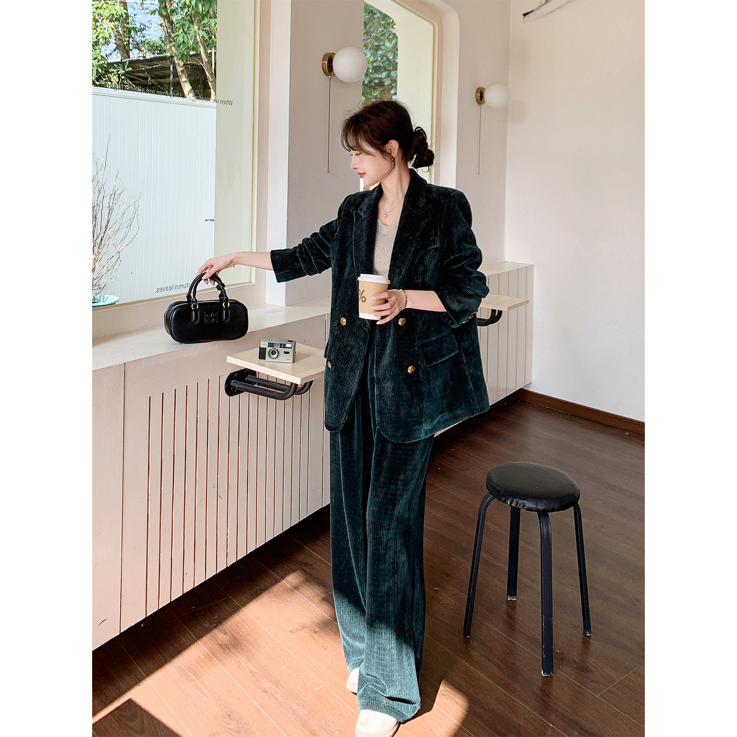 轻熟风墨绿色灯芯绒西装阔腿裤两件套女春季新款显瘦气质通勤套装