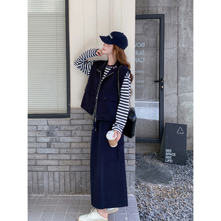 工装休闲风马甲条纹T恤半身裙三件套女2026春季新款显瘦休闲套装