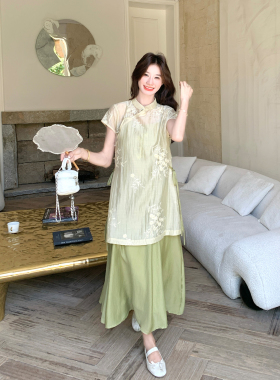新中式国风套装裙女2026夏新款绿色轻薄提花上衣吊带连衣裙两件套