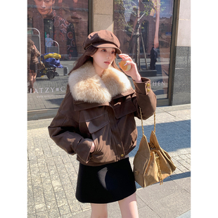 美拉德咖色狐狸毛领短款羽绒服女冬2025新款流行爆款90绒内胆外套