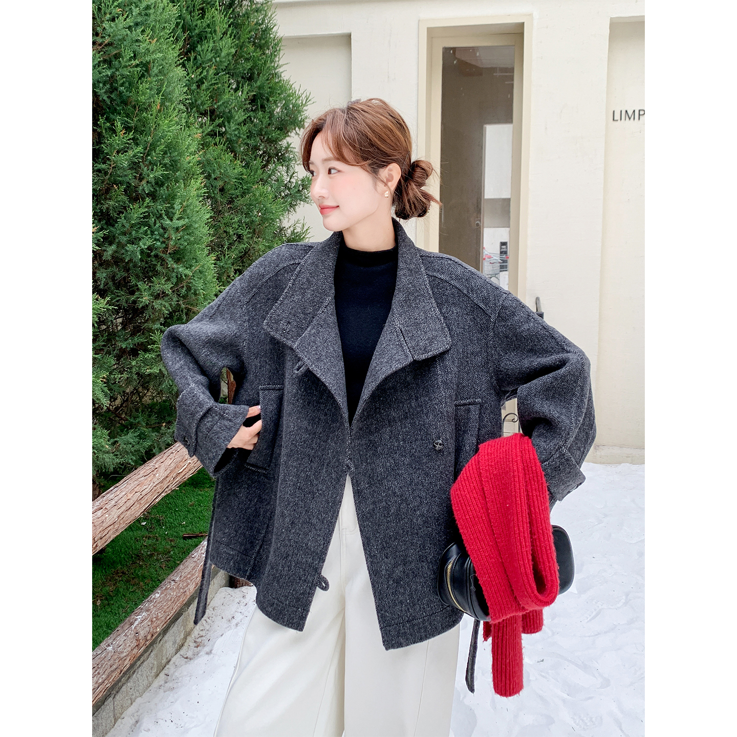 12-1上新 灰色人字纹双面呢大衣70毛