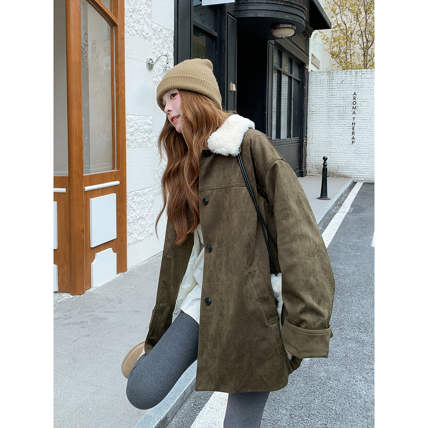 军绿色羊羔毛羽绒服女2025冬季新款中长款派克服小个子派克服外套