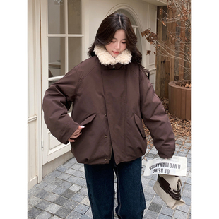 咖色复古短款90白鸭绒羊羔毛领羽绒服女冬季2025年新款韩系小个子