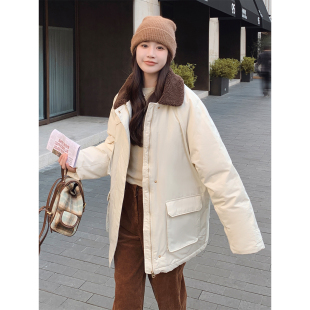 白色短款猎装派克服羽绒服女冬季2025新款韩系休闲白鸭绒工装外套