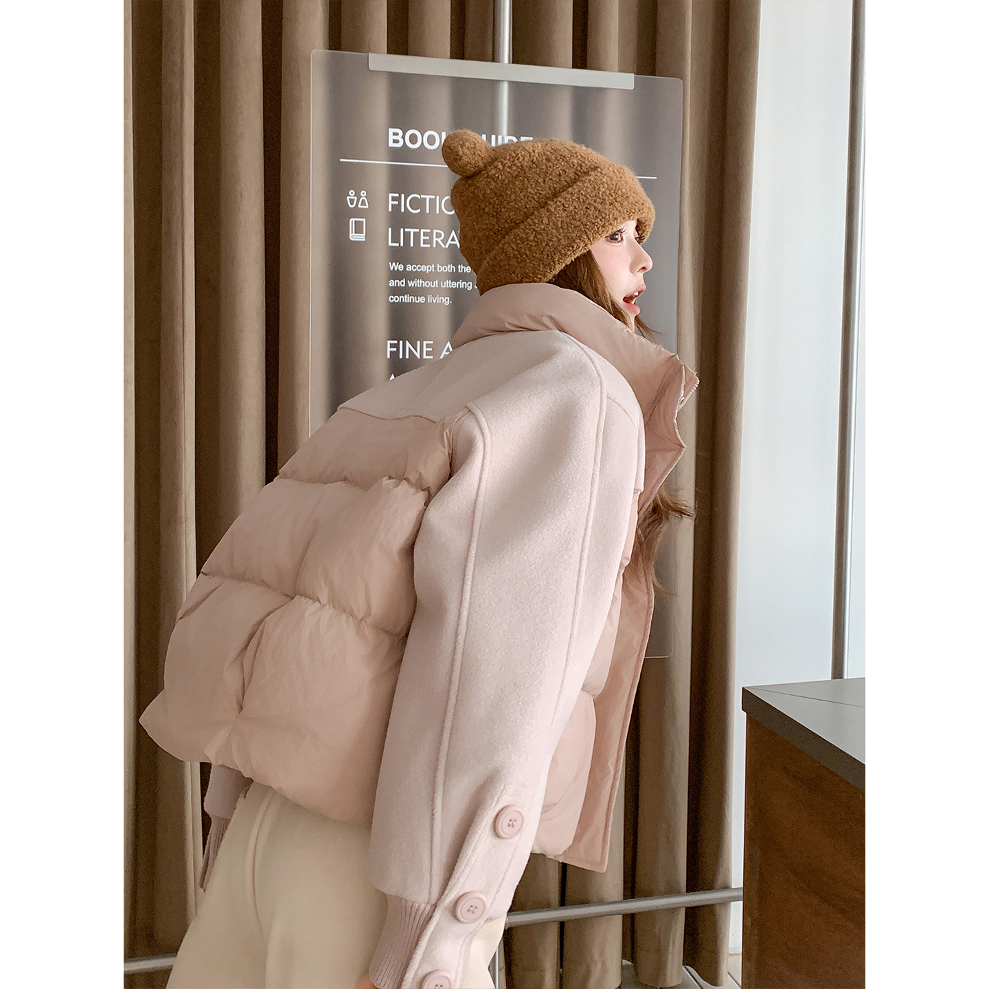 粉色立领毛呢拼接羽绒服女冬季2025新款韩系甜美小个子短款面包服