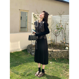 pu皮马甲百褶连衣裙套装女春秋2026新款流行绝美爆款气质两件套