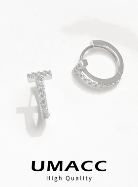 超闪莫桑钻微笑T字母小耳扣通勤百搭耳圈纯银耳环爆款冷淡系耳饰