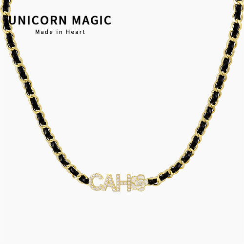 皮革编织山茶花chocker项链甜酷