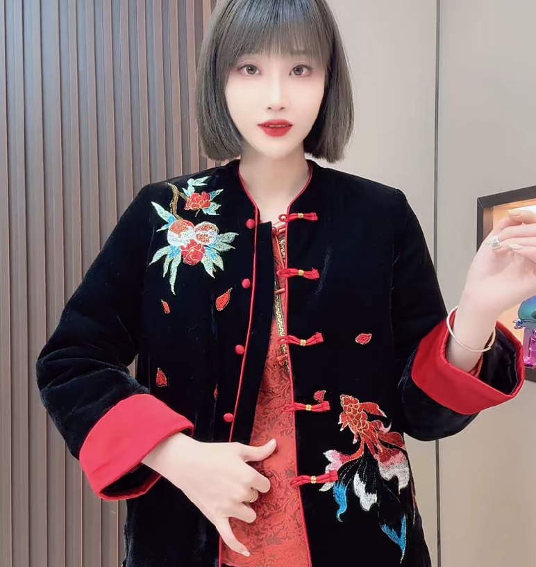 新中式国风重工刺绣夹棉外套女冬季新款撞色减龄复古立领宽松棉服