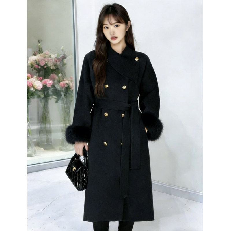 黑色毛呢子大衣女2025冬