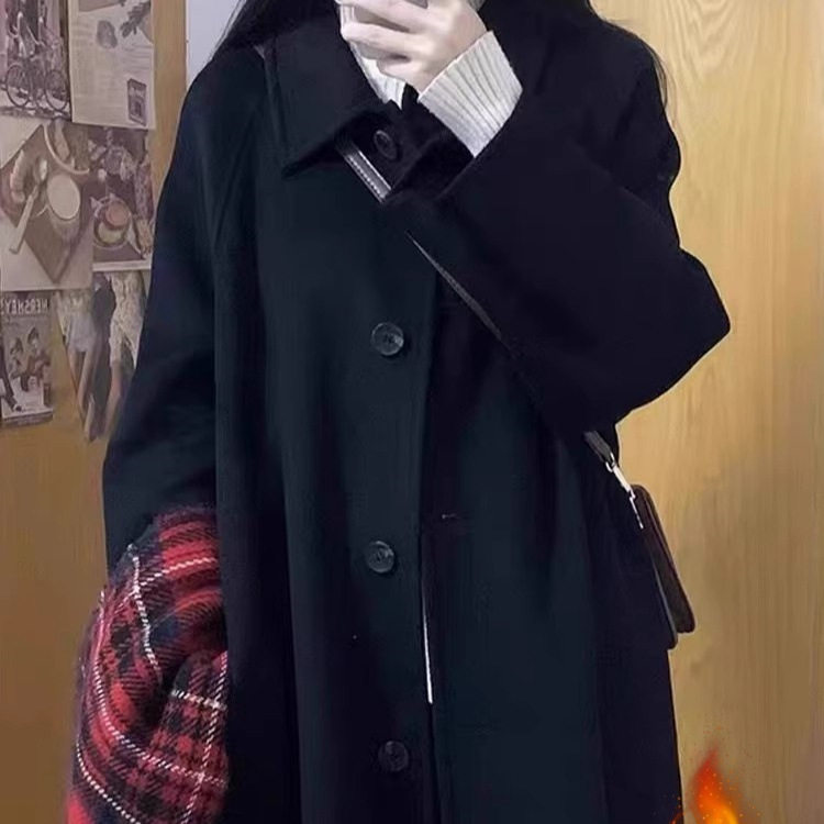 黑色中长款呢子大衣女202
