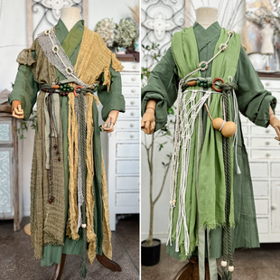 熹言  绿色棉麻破烂风江湖武侠流浪客汉服古风影视摄影表演服装