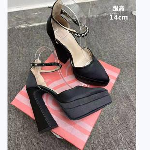 防水台中空一字扣带包头凉鞋 14cm超高跟欧美 女夏性感细跟尖头单鞋