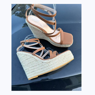 手工女鞋15cm夏季休闲编织一字带露趾麻绳厚底坡跟凉鞋超高跟大码