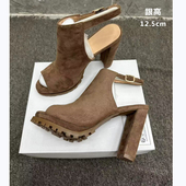 单鞋 2025新款 12.5cm 凉鞋 大码 欧美风粗跟鱼嘴一字带中空时装 个性