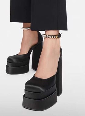 女超高夏欧美时尚防水台方头中空粗跟包头恨天高时尚走秀凉鞋14cm