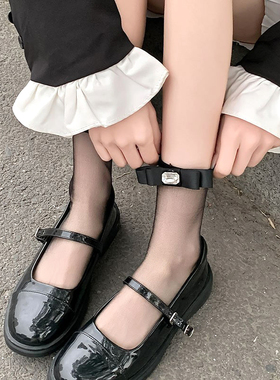 JK黑丝袜女春夏超薄透肉黑色堆堆短袜Lolita甜美蝴蝶结白色中筒袜