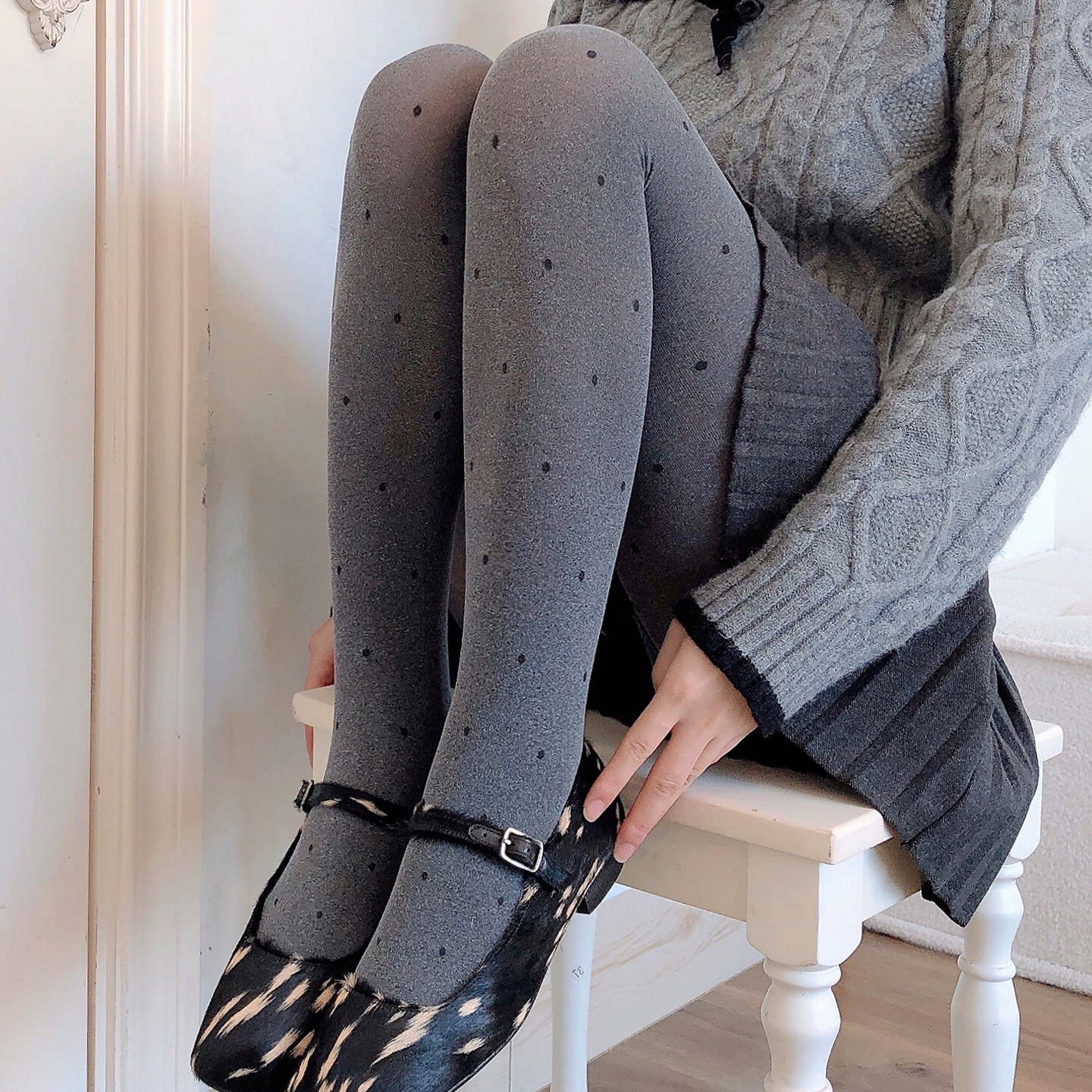 芝麻灰波点连裤袜烟灰色打底裤袜