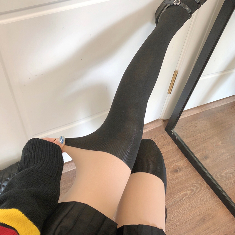 秋冬加绒加厚假大腿袜过膝袜高筒拼接黑丝打底袜日系jk黑丝连裤袜