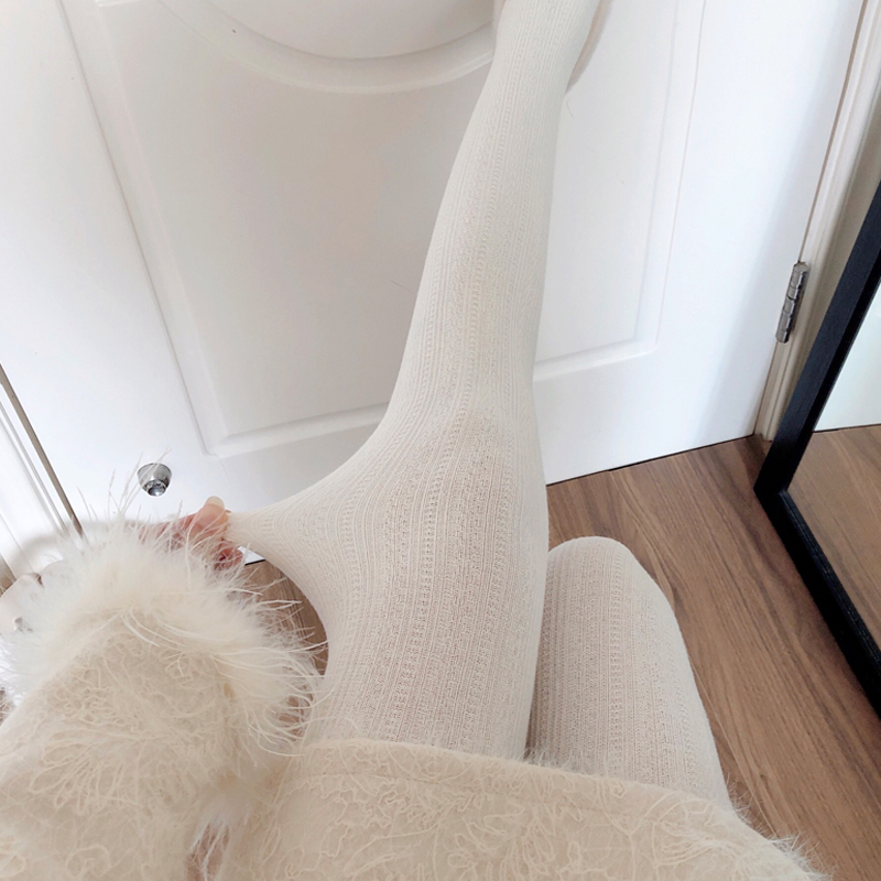 日系奶白色连裤袜秋冬季加厚烟灰色打底裤麻花条纹踩脚袜白丝袜女