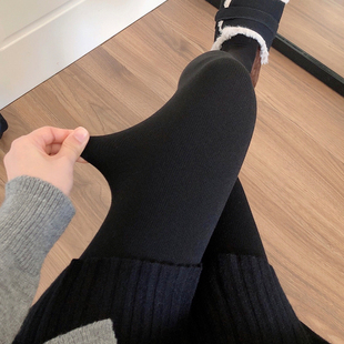 秋冬季黑色加绒打底裤女加厚保暖烟灰色连裤袜竖条纹深灰色踩脚袜