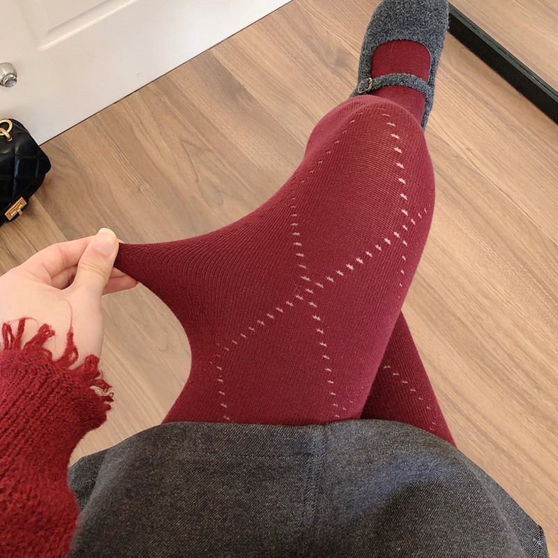 红色连裤袜镂空菱格烟灰色打底袜