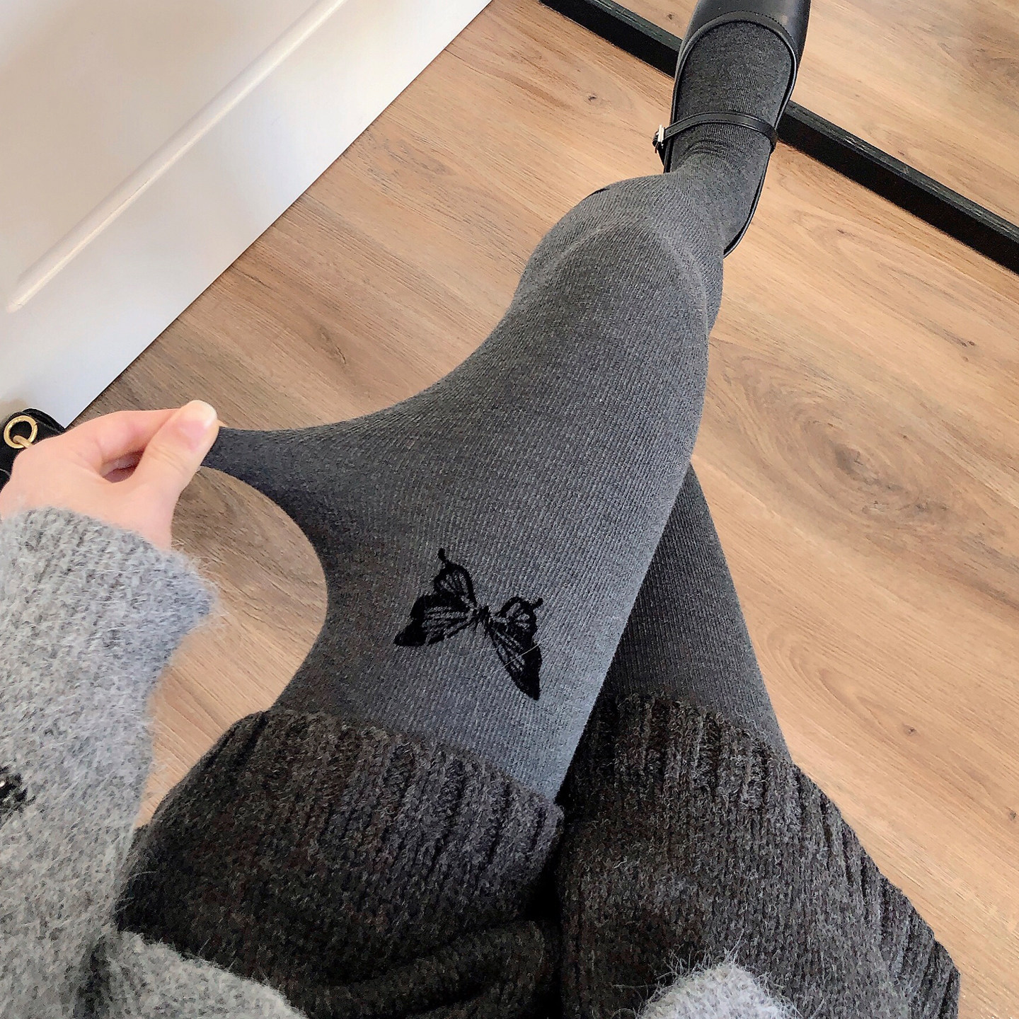 深灰色打底裤女外穿秋冬季加厚保暖烟灰色连裤袜蝴蝶结显瘦美腿袜