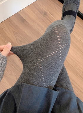 2024秋冬款烟灰色连裤袜镂空菱格浅灰丝袜女棉咖色打底裤袜jk黑丝
