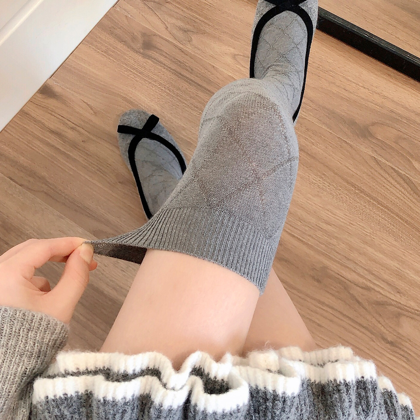 秋冬款加厚烟灰色长筒袜女日系jk菱形格深灰色过膝袜咖啡色大腿袜