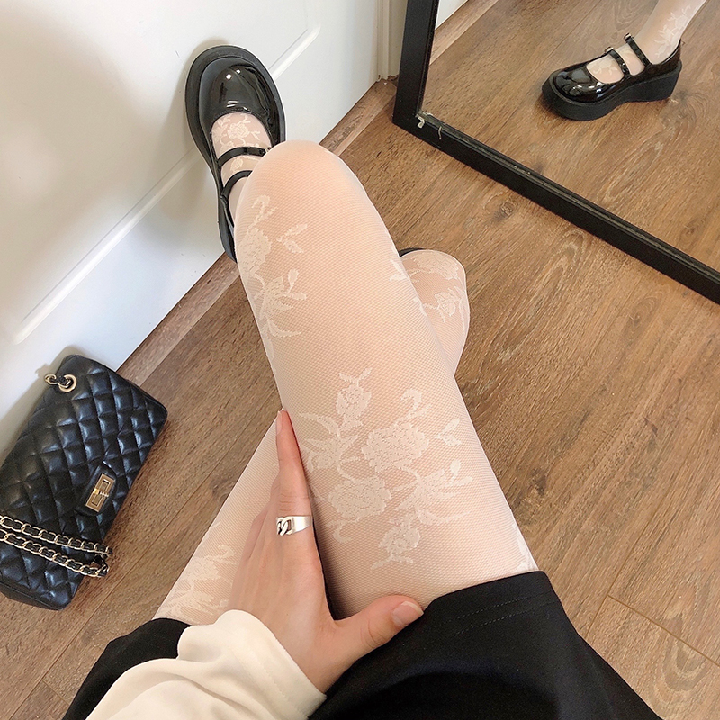 洛丽塔日系白色性感提花黑丝袜