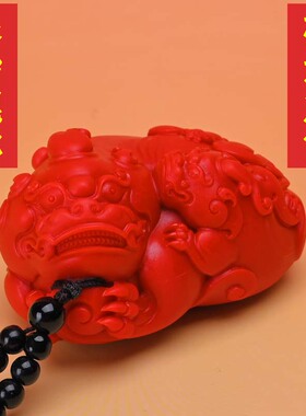 朱砂红砂雕刻子母貔貅手把件纳福貔貅小摆件福兽把玩件