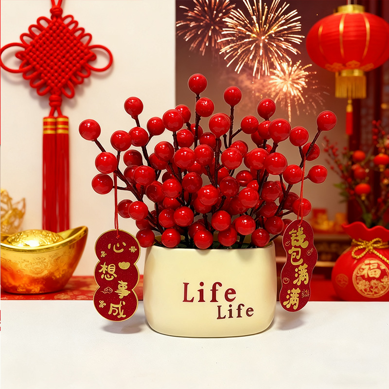 新年装饰摆件仿真红果发财果假花