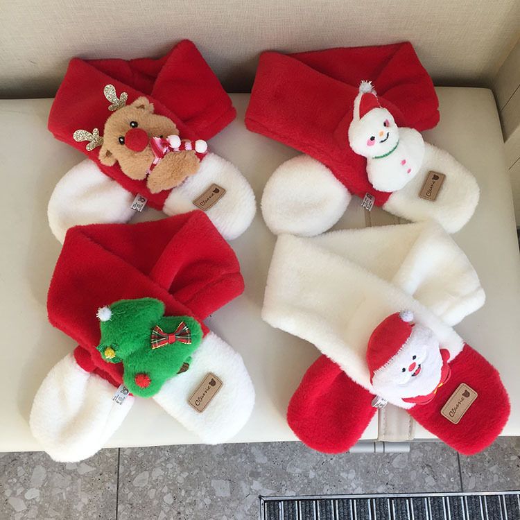 新款秋冬季拼接圣诞树雪人儿童围巾保暖加厚宝宝围脖毛绒围巾