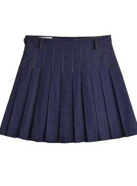 薄牛仔复古深蓝色百褶裙女A字半身裙减龄百搭短裙高腰显瘦显腿长