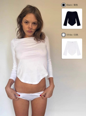 Coucou一字肩七分袖t恤修身显瘦辣妹弧形下摆打底气质小众上衣