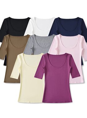 2025夏季新款女装天丝U领中袖T恤纯色纯欲修身上衣t恤