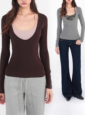 现货纯欲辣妹拼色V领假两件内搭T恤上衣莫代尔修身显瘦小众长袖女