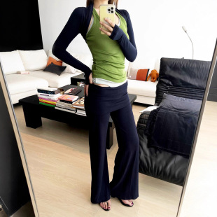 女 松弛直筒裙裤 现货纯欲双层翻腰头显瘦微喇裤 辣妹中低腰针织修身