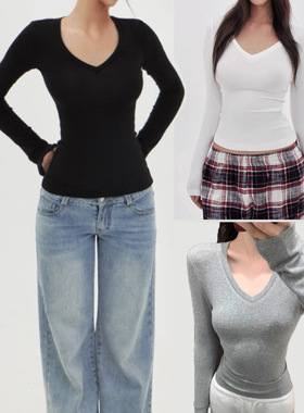 现货美式skims辣妹秀气V领正肩长袖T恤莫代尔亲肤质感紧身打底衫