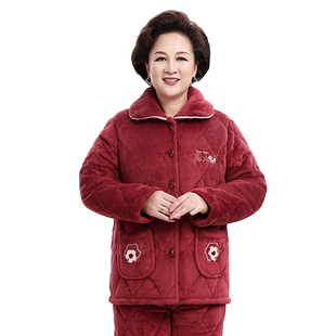 珊瑚绒冬季中老年夹棉睡衣女加绒加厚三层夹棉老人家居服保暖套装