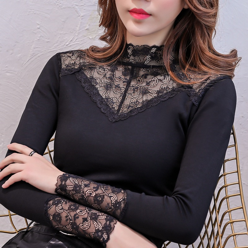 洋气镂空大码修身立领长袖蕾丝衫