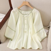 雪纺衫 娃娃圆领半开衫 女春夏装 七分袖 泡泡袖 法式 新款 上衣 宽松大码