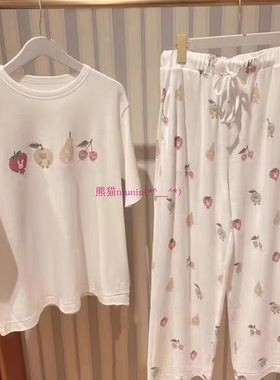 纯圆可对比！GP家 可爱水果图案好质感棉短袖+长裤连衣裙家居睡衣
