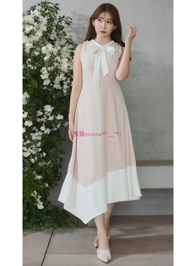 原厂追加！小岛阳菜H家 领口蝴蝶结丝带无袖拼色连衣裙1251305135