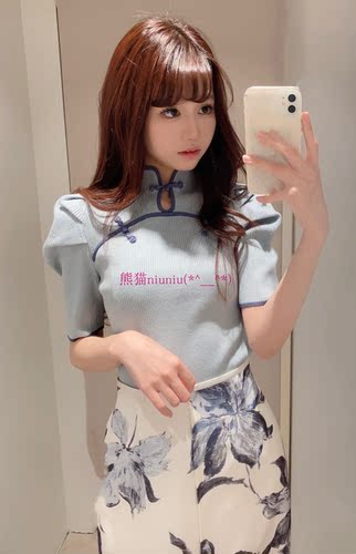 复古中式盘扣薄款撞色短袖针织衫